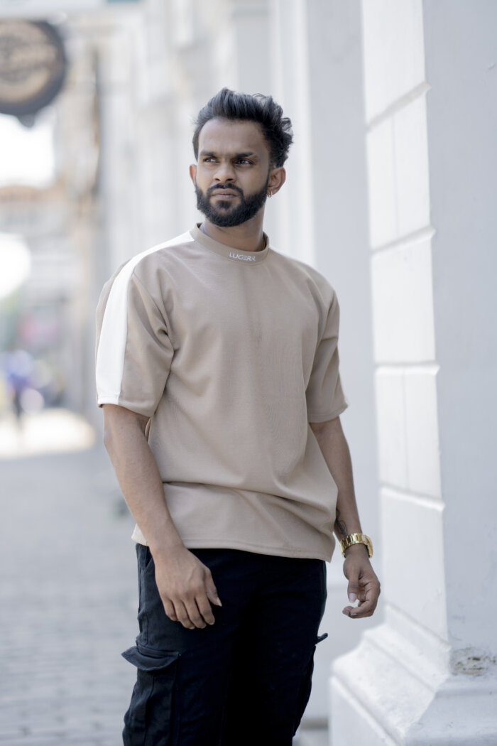 Lugerr Striped high neck Oversized Tee - Beige - Image 2