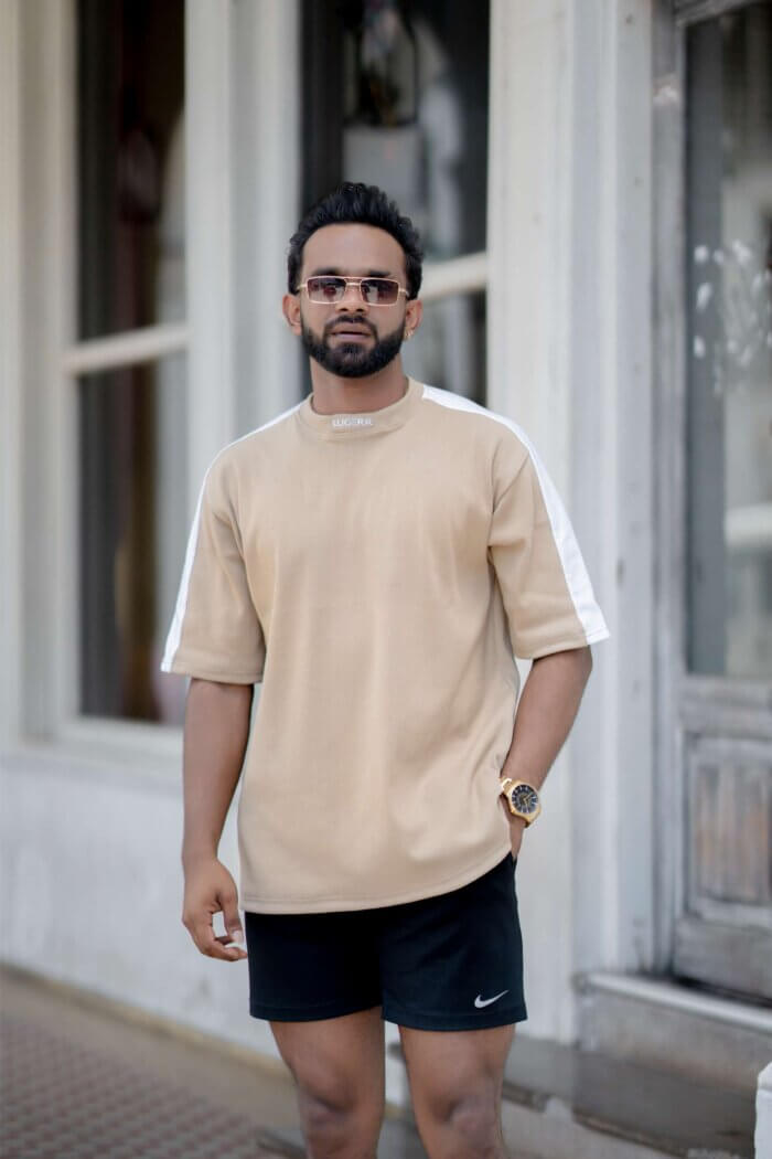 Lugerr Striped high neck Oversized Tee - Beige - Image 2