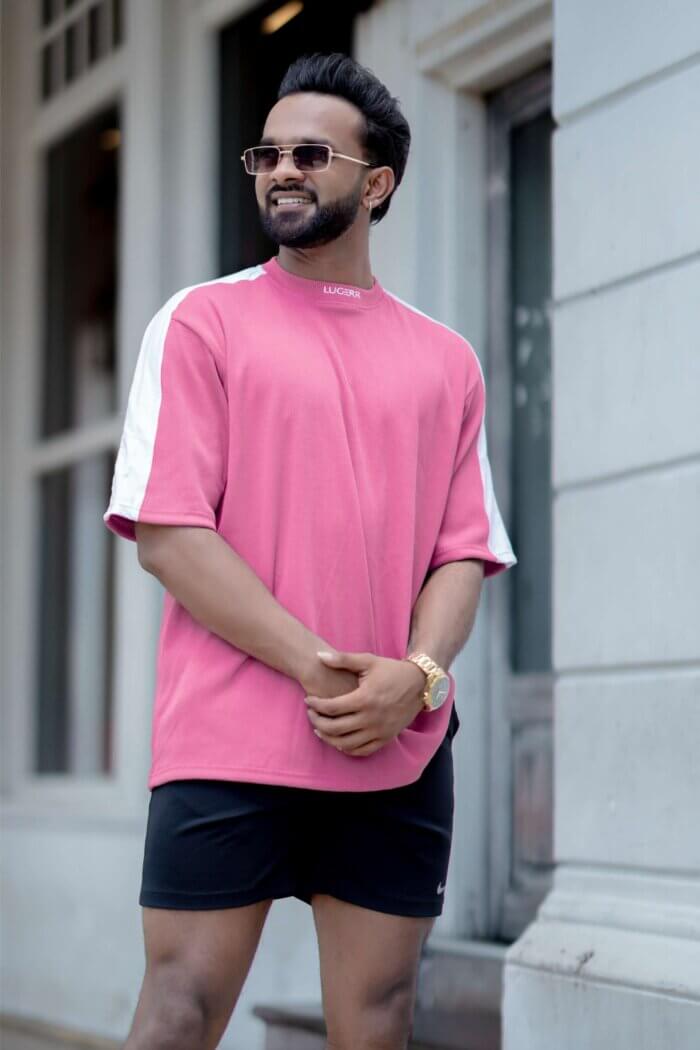 Lugerr Striped high neck Oversized Tee - Pinkish-Rose - Image 2