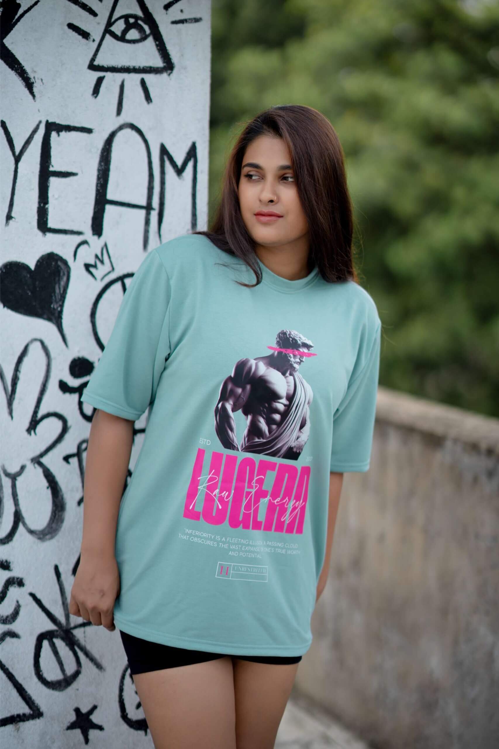 Lugerr Raw Energy high neck oversized tee – Steel Teal - Image 2