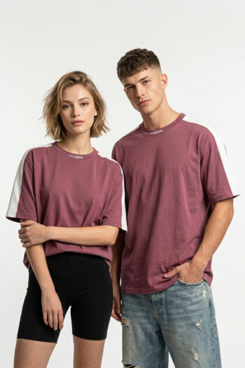 Lugerr Stripped high neck oversized tee – Burgundy